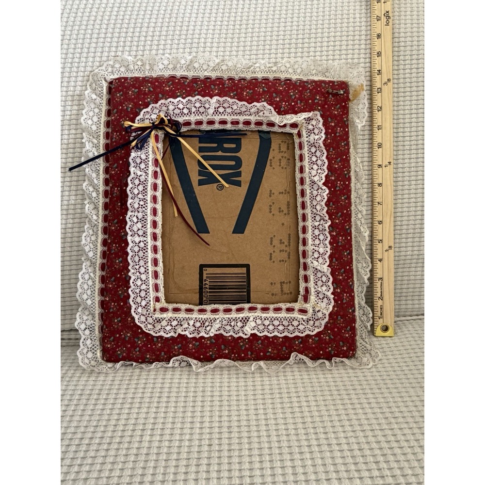 Handmade 1980s Fabric And Lace Hanging Picture Frame 14x14 Cottage ditsy floral